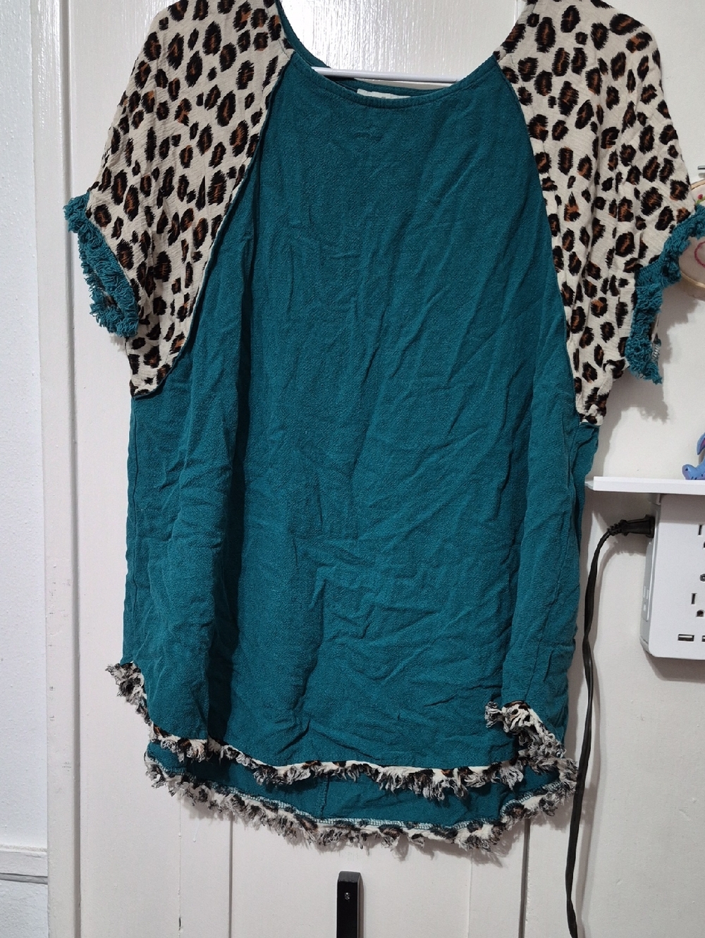 Teal Top with Leopard Print Sleeves